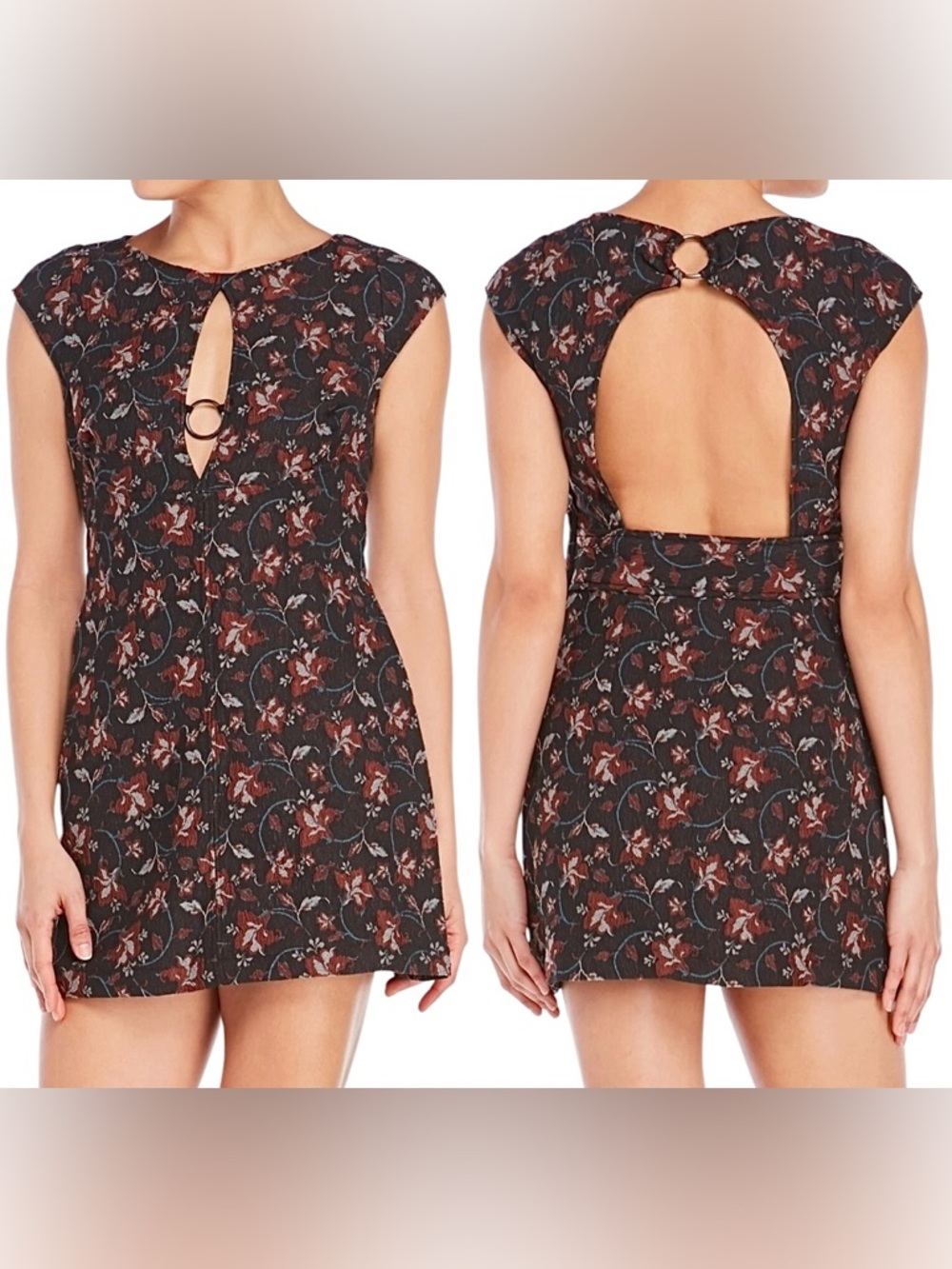 Free People Say Yes Dress Black Textured Floral Stretch Knit Cut Out Mini Sz 0